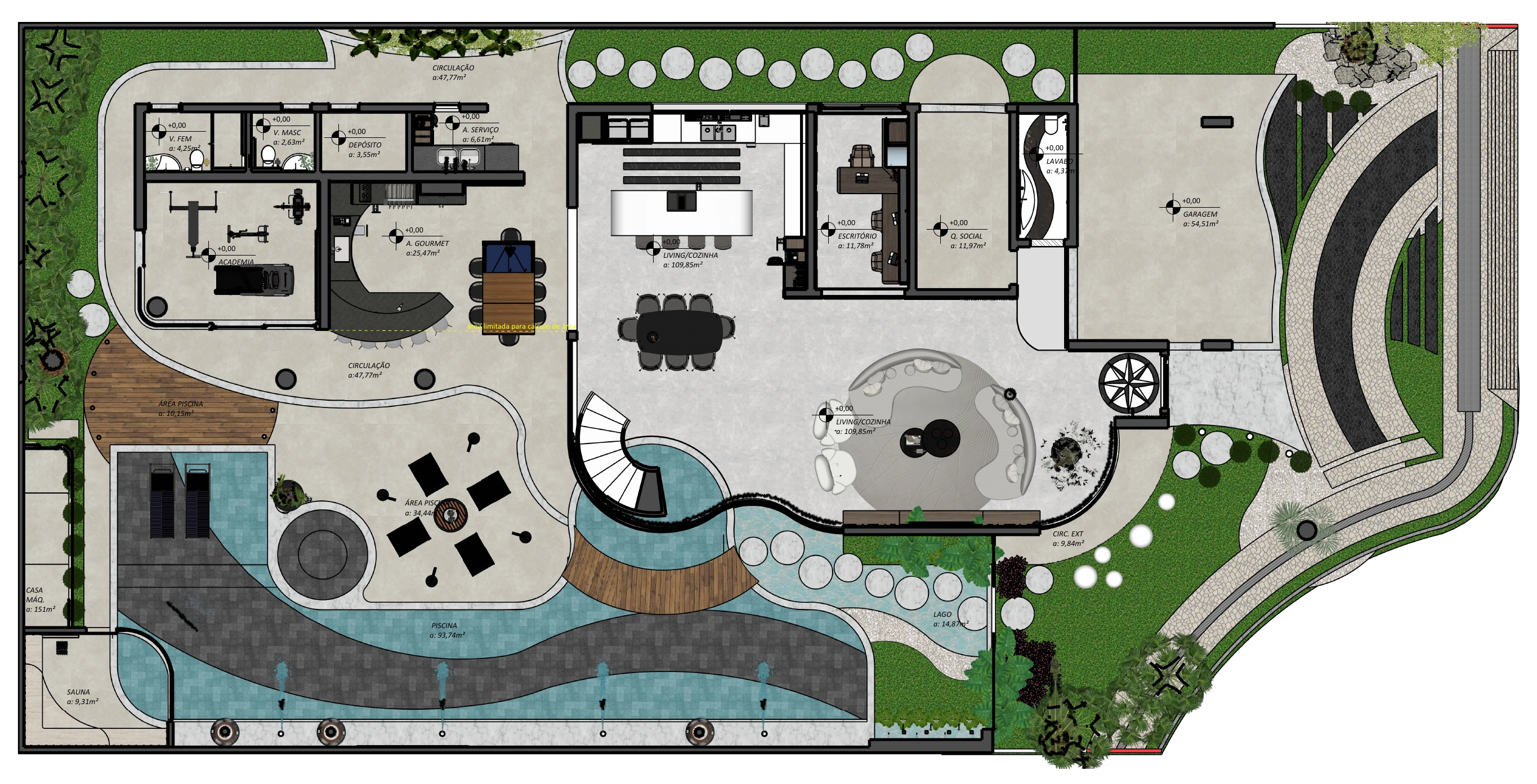 Planta humanizada do pavimento térreo com mobiliário, paisagismo e piscinas