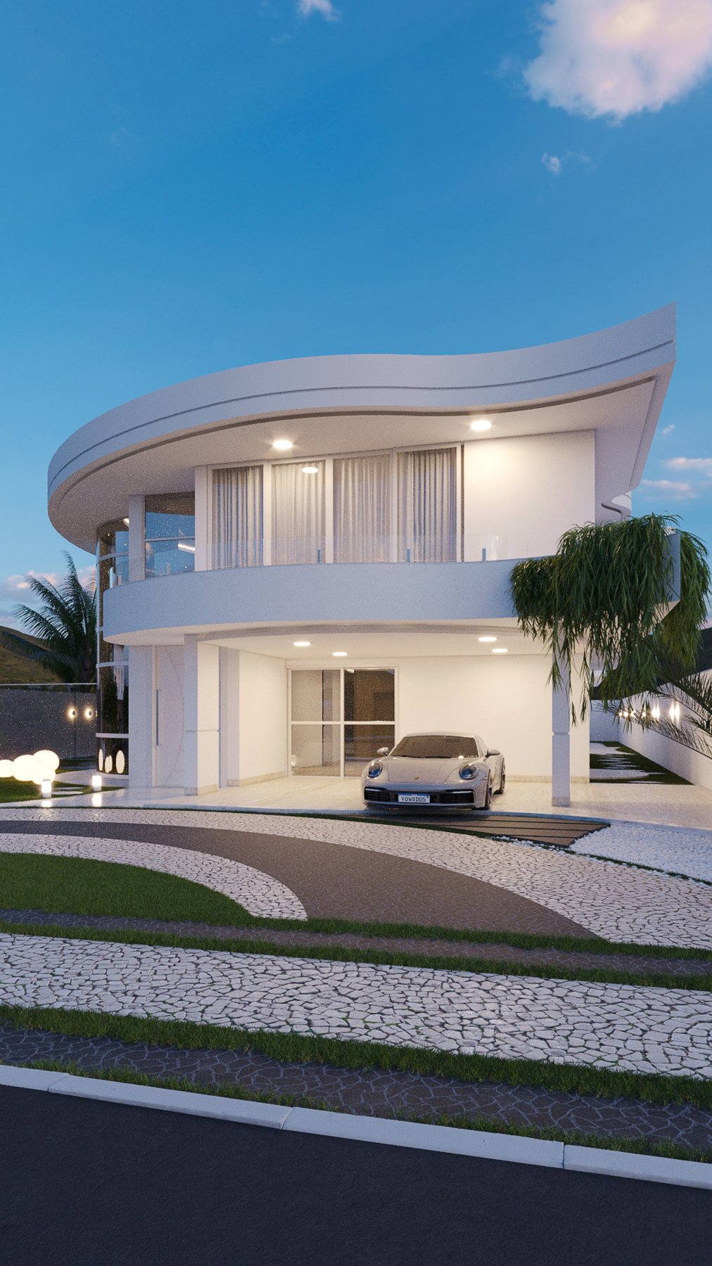 Render da fachada curva da CASA ALAS com paisagismo do projeto