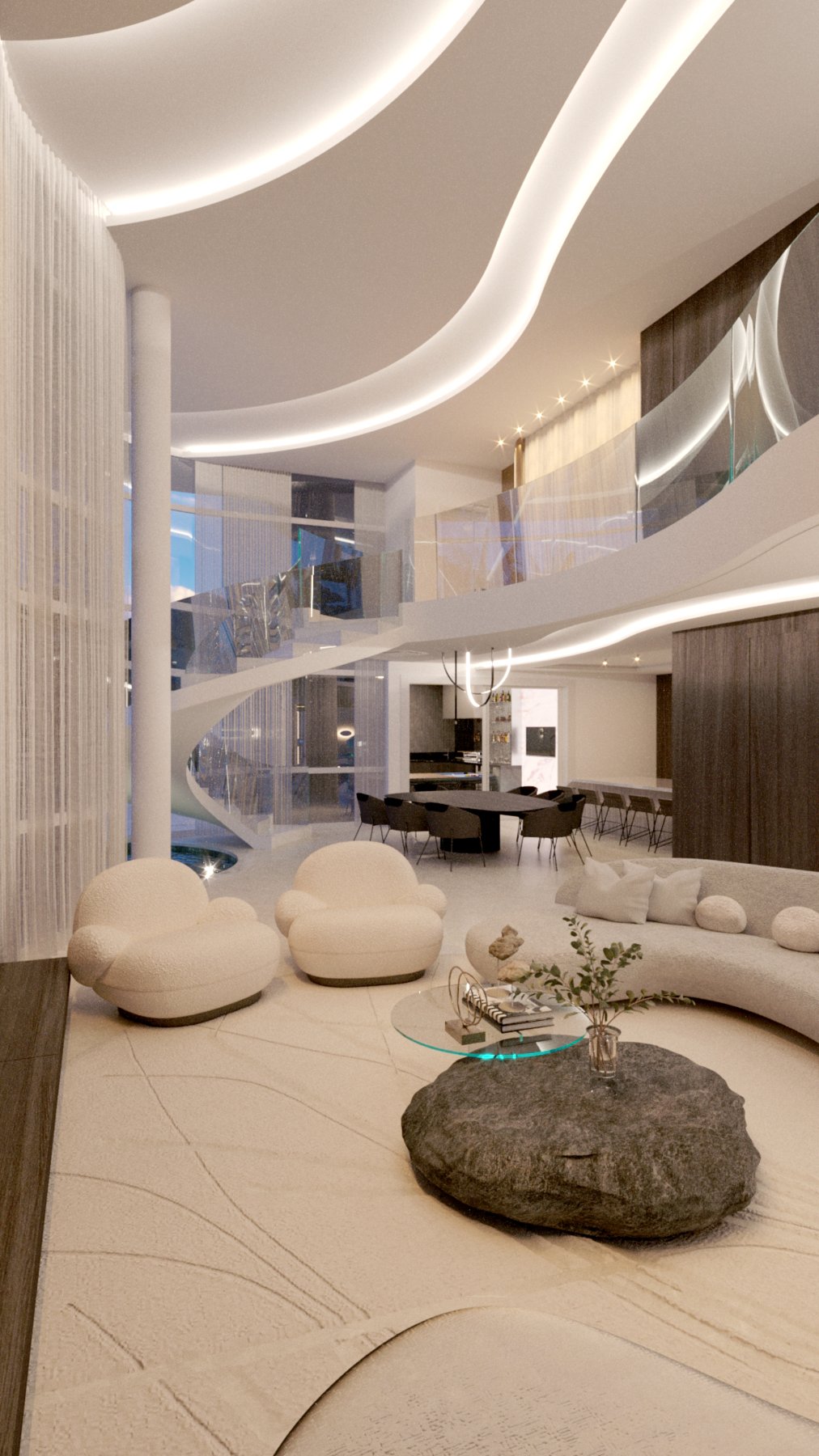 Render do living mobiliado da CASA ALAS, com pé-direito duplo, mezanino curvo e iluminação integrada